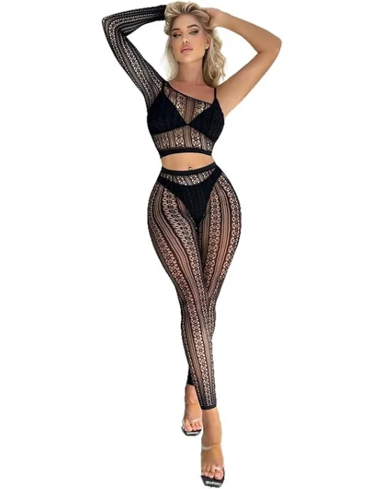 Siyah Yarım Kol Geometrik Desenli Vücut Çorabı | Lüks Grafik Silüet