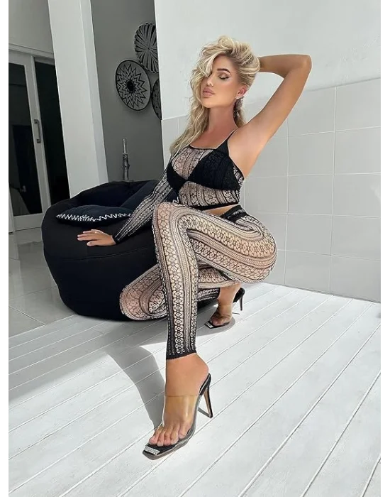 Siyah Yarım Kol Geometrik Desenli Vücut Çorabı | Lüks Grafik Silüet