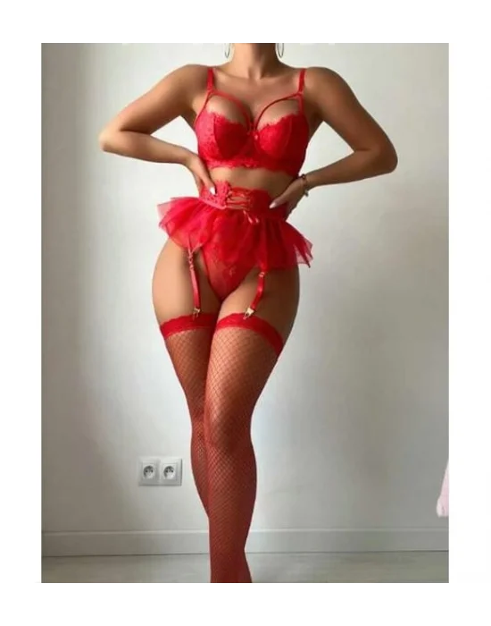 Kırmızı Tül Etekli Fantazi Jartiyer Fantezi Takım