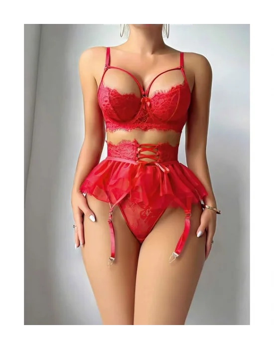 Kırmızı Tül Etekli Fantazi Jartiyer Fantezi Takım