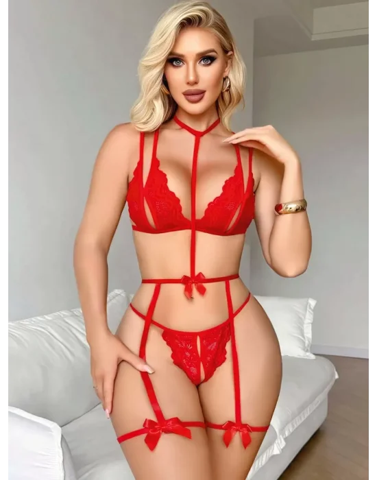 Kırmızı Dantel İşlemeli ve Cüretkar Kesim Jartiyer Takımı | Passionate Noir Serisi