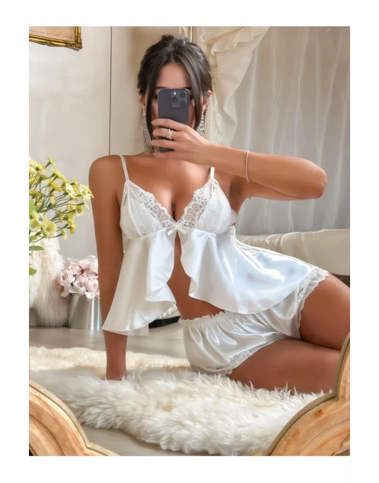 Beyaz Dantel İşlemeli Saten Şortlu Takım | Bridal & Pure Luxury Koleksiyonu