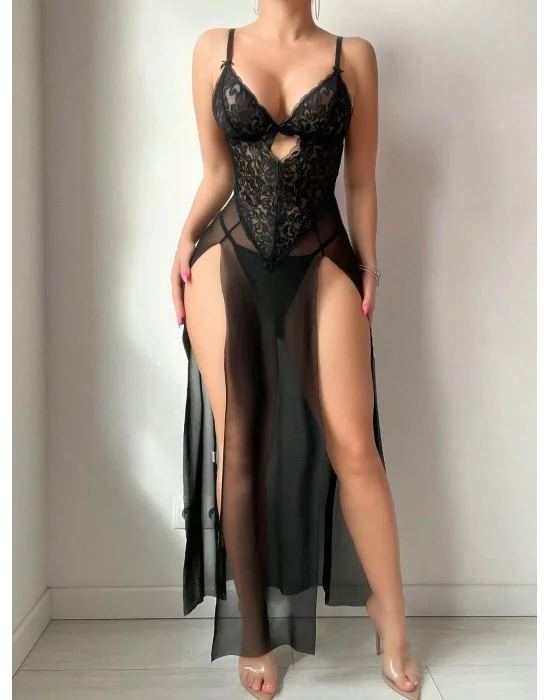 Noir Grandeur Dantel Detaylı Transparan Uzun Tül Gecelik Takımı