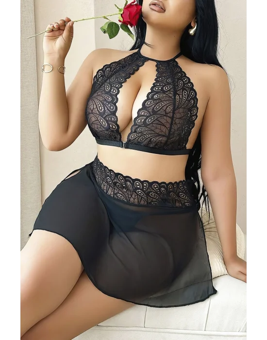 Büyük Beden Siyah Dantelli ve Etekli Gecelik Seti | Lüks Kürvilineer Şıklık