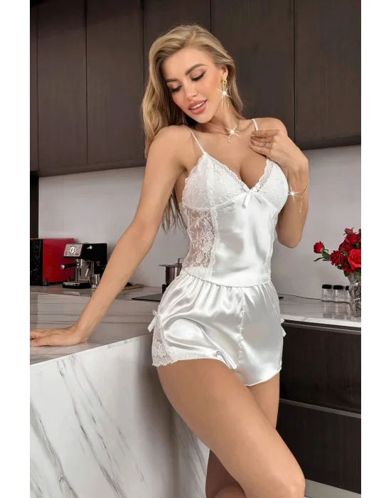 Siyah Dantel ve Kurdele Detaylı Saten Şortlu Takım | Noir Romantique Koleksiyonu