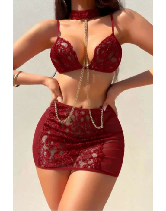 Bordo Dantel Detaylı ve Altın Zincir Aksesuarlı 2li Etekli Takım | Burgundy Rebel Koleksiyonu