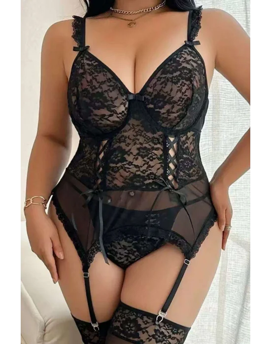 Curvy Siyah Dantel İşlemeli Jartiyer ve Çorap Seti | Lüks Büyük Beden Koleksiyonu