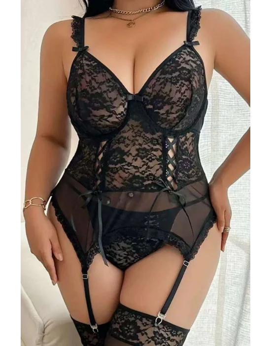 Curvy Siyah Dantel İşlemeli Jartiyer ve Çorap Seti | Lüks Büyük Beden Koleksiyonu