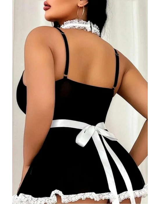 Curvy Siyah Dantel Detaylı Hizmetçi Kostümü | Noir Luxury Plus Roleplay Serisi
