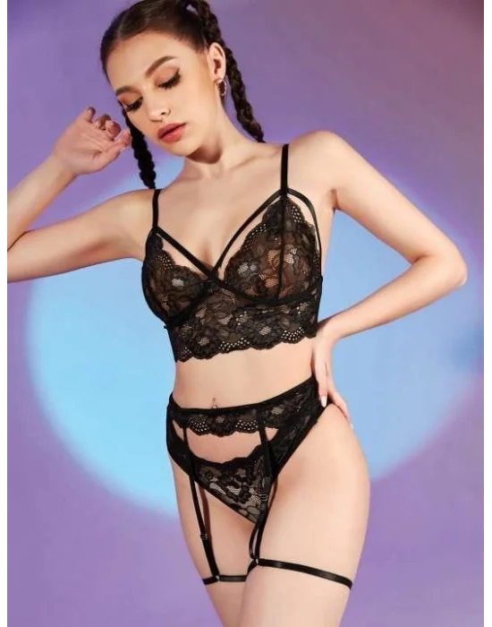 Siyah Floral Dantel İşlemeli ve Geometrik Askılı Jartiyer Takımı | Noir Muse Koleksiyonu