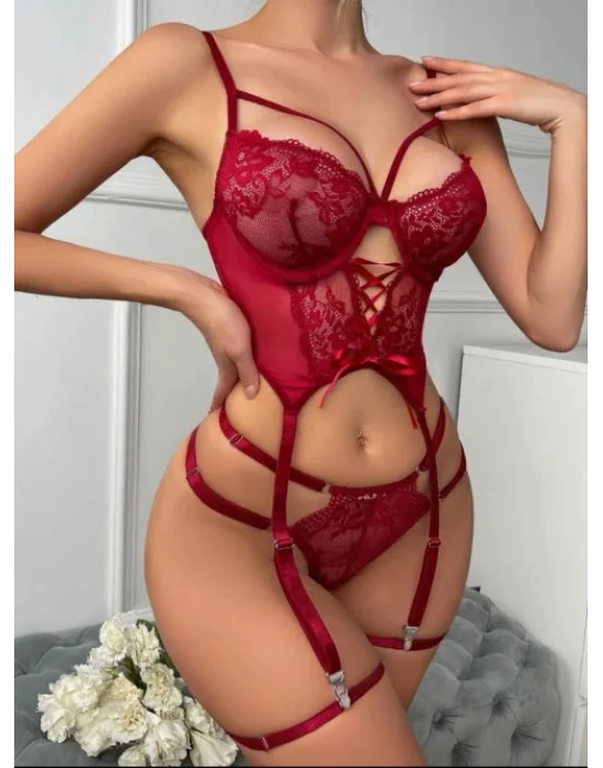 Bordo Dantel İşlemeli ve Saten Kurdele Detaylı Jartiyer Takımı | Deep Crimson Koleksiyonu