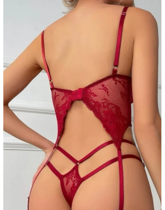 Bordo Dantel İşlemeli ve Saten Kurdele Detaylı Jartiyer Takımı | Deep Crimson Koleksiyonu