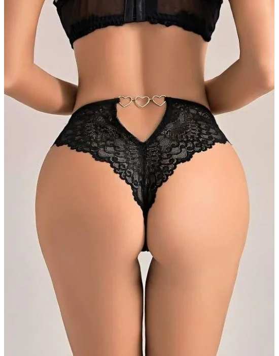 Siyah Floral Dantel İşlemeli ve Arkası Kalp Detaylı String | Secret Love Koleksiyonu