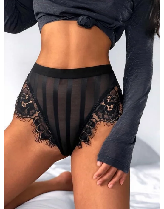 Siyah Floral Dantelli ve Yüksek Bel Şeritli String | Noir Elegance Koleksiyonu