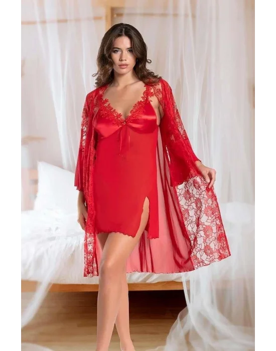 Bordo Saten ve Floral Dantelli Sabahlık & Gecelik Takımı | Crimson Silk Koleksiyonu