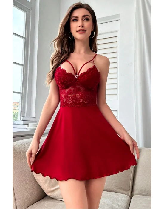 Bordo Saten ve Floral Dantel İşlemeli Gecelik | Deep Crimson Silk Koleksiyonu