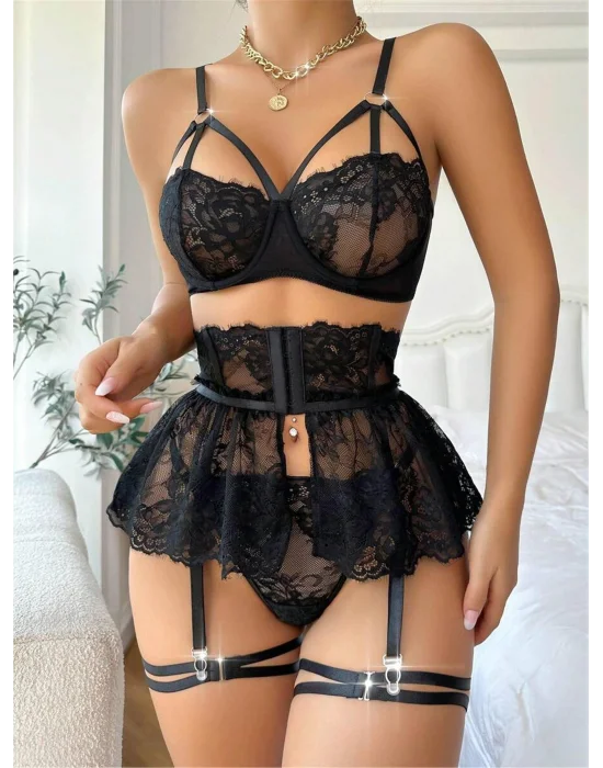 Siyah Floral Dantel İşlemeli ve Göğüs Bağlamalı Jartiyer Takımı | Noir Muse Koleksiyonu