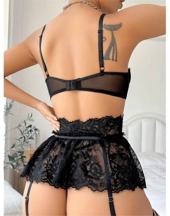 Siyah Floral Dantel İşlemeli ve Göğüs Bağlamalı Jartiyer Takımı | Noir Muse Koleksiyonu