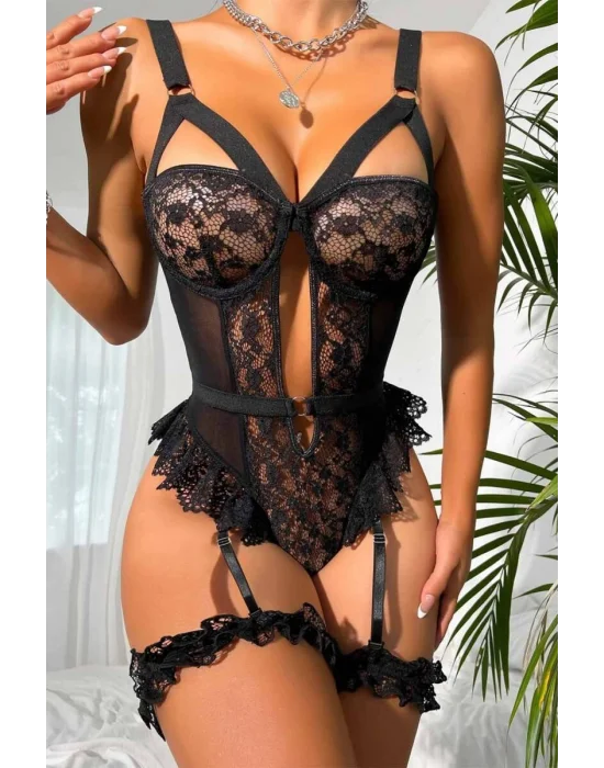Siyah Floral Dantelli ve Bacak Bantlı Bodysuit Jartiyer Takımı | Midnight Bondage Serisi