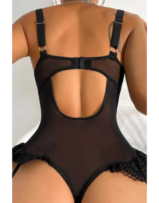 Siyah Floral Dantelli ve Bacak Bantlı Bodysuit Jartiyer Takımı | Midnight Bondage Serisi