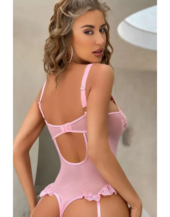 Dantelli Fırfırlı Fantezi Gecelik Pembe