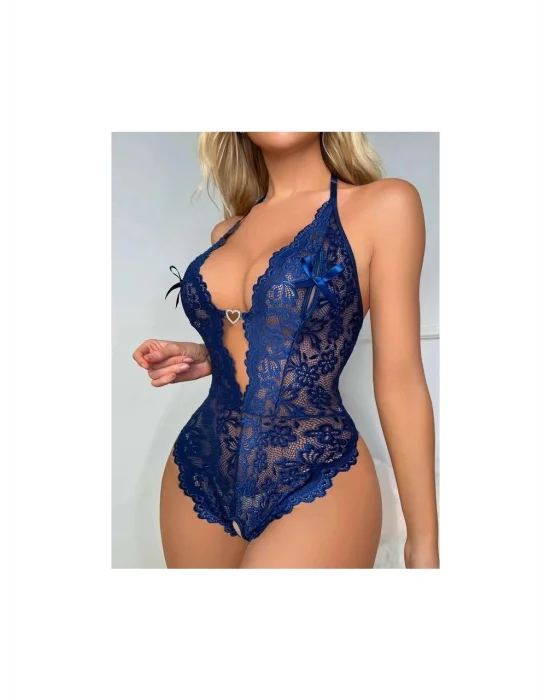 Lacivert Floral Dantel İşlemeli ve Altı Açık Bodysuit | Midnight Blue Lace Serisi