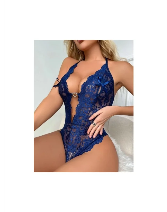 Lacivert Floral Dantel İşlemeli ve Altı Açık Bodysuit | Midnight Blue Lace Serisi
