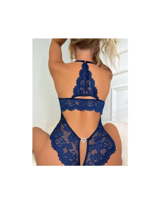 Lacivert Floral Dantel İşlemeli ve Altı Açık Bodysuit | Midnight Blue Lace Serisi