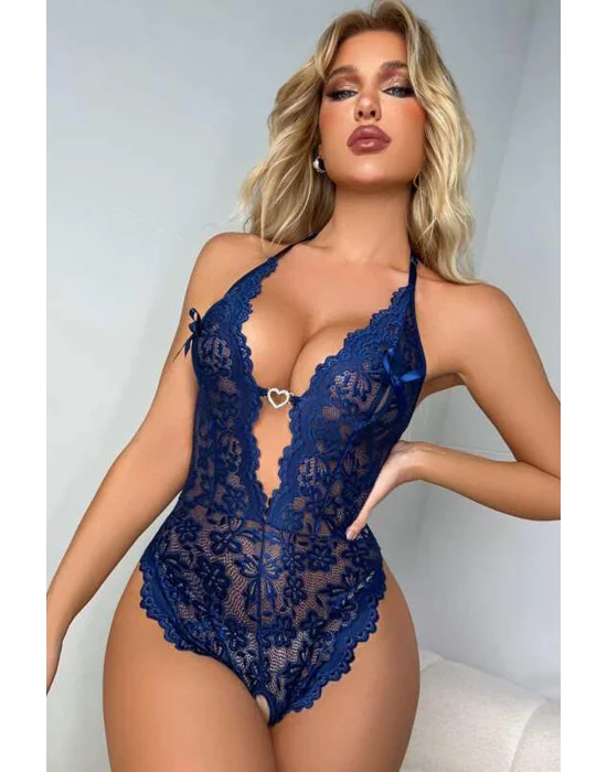 Lacivert Floral Dantel İşlemeli ve Altı Açık Bodysuit | Midnight Blue Lace Serisi