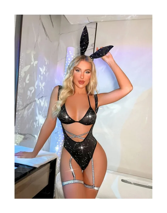 Yıldızlı Parıltılı Dekolteli Fantezi Body Sütyen Takım