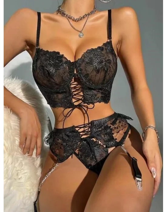 Büstiyerli Dantel Fantezi Siyah Jartiyer Takımı