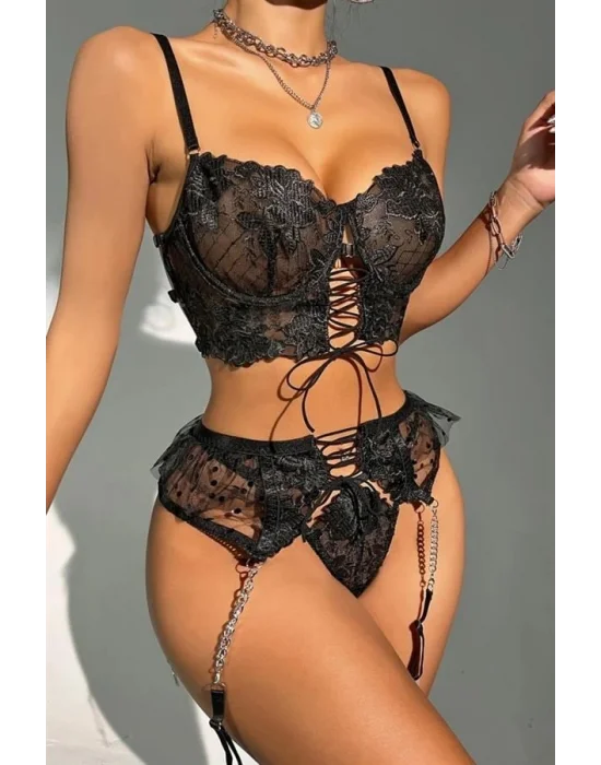 Büstiyerli Dantel Fantezi Siyah Jartiyer Takımı