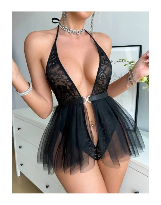 Siyah Dantel Detaylı Tül Fantezi Gecelik – Derin V Yaka & Sırt Dekolteli