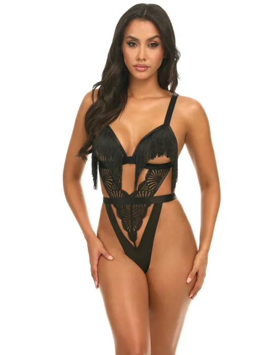 Deluxe Siyah Saten Tül Fantezi Premium BodySuit