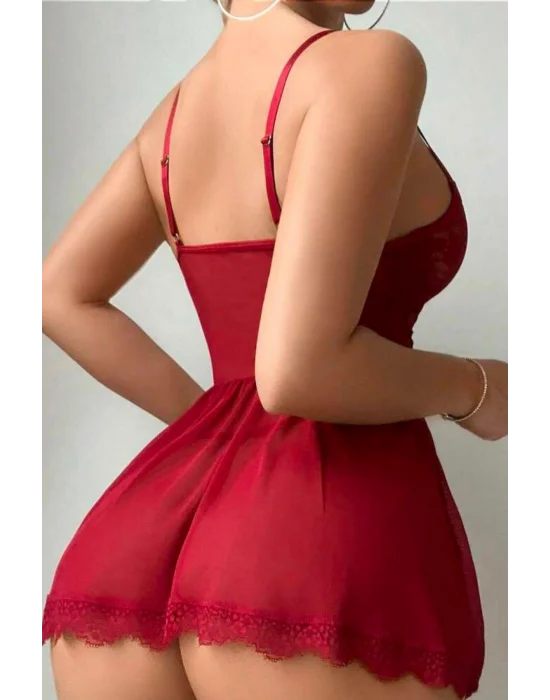 Bordo Örgü Ve Kurdele Detaylı Askılı Gecelik Takımı