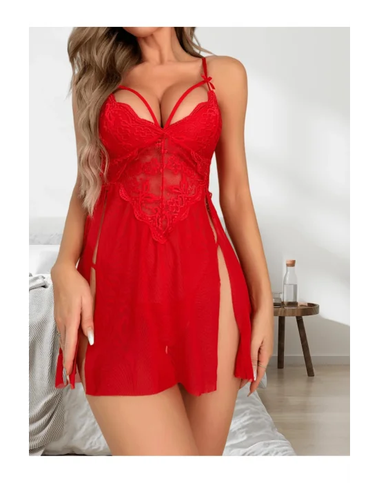 Dantelli Biyeli Yırtmaç Detaylı Mini Tül Gecelik String Takım