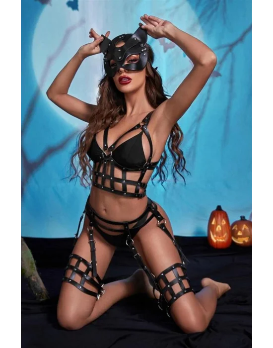 Siyah Transparan Maskeli ve Harness Detaylı Fantezi Gecelik | Midnight Mystery Serisi