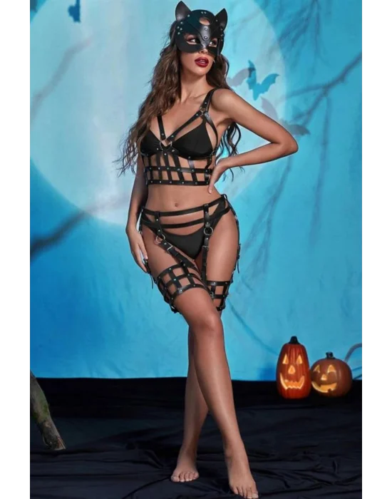 Siyah Transparan Maskeli ve Harness Detaylı Fantezi Gecelik | Midnight Mystery Serisi