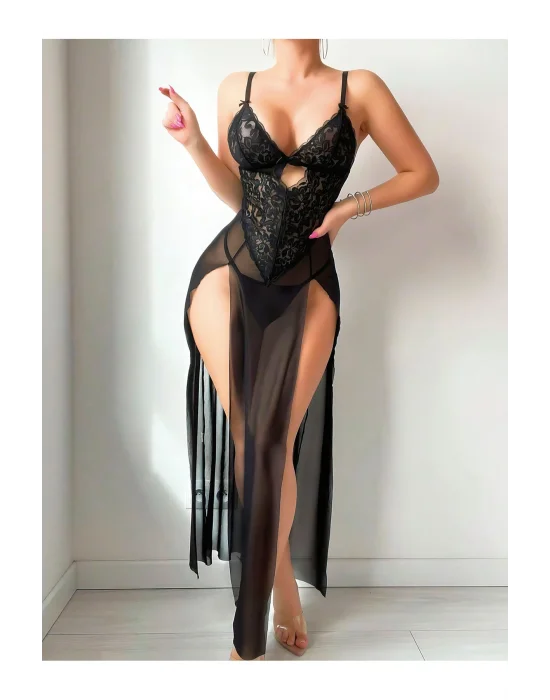 Noir Grandeur Dantel Detaylı Transparan Uzun Tül Gecelik Takımı
