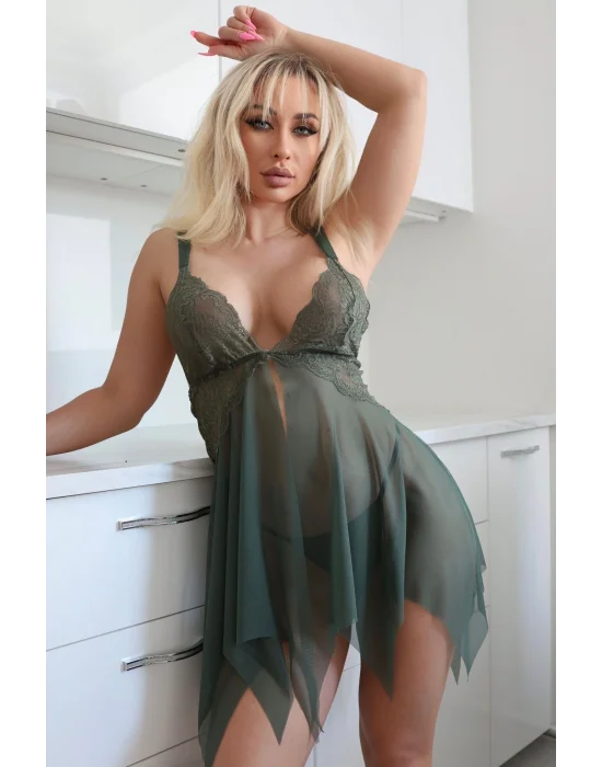 Emerald Muse Transparan Dantel Detaylı Zümrüt Yeşili Gecelik