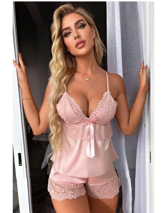 Siyah İp Askılı Dantel Detaylı Saten Şortlu Takım | Noir Çeyizlik Lüks Koleksiyonu