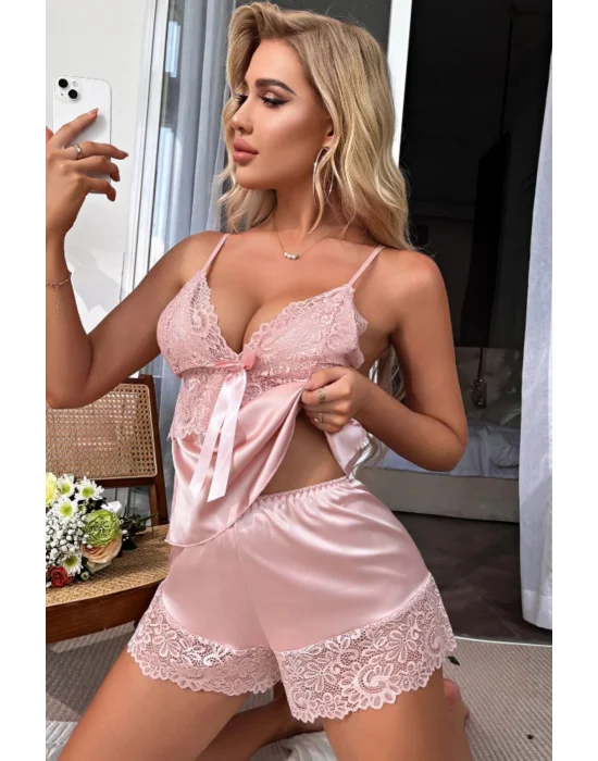 Siyah İp Askılı Dantel Detaylı Saten Şortlu Takım | Noir Çeyizlik Lüks Koleksiyonu