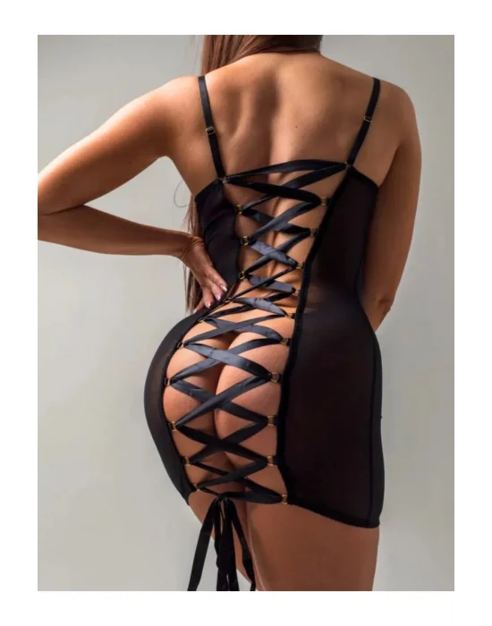Siyah Sırt Dekolteli Bağcıklı Tül Gecelik ve Tanga Seti | Sofistike Şıklık