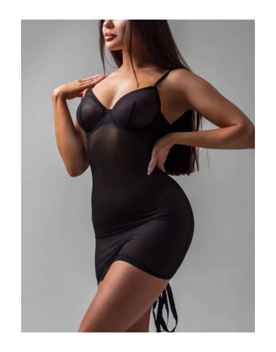 Siyah Sırt Dekolteli Bağcıklı Tül Gecelik ve Tanga Seti | Sofistike Şıklık