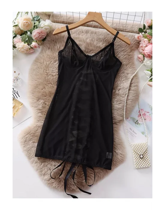 Siyah Sırt Dekolteli Bağcıklı Tül Gecelik ve Tanga Seti | Sofistike Şıklık