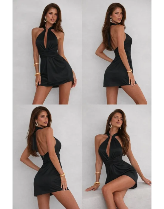 Siyah Büzgü Detaylı ve Metal Halka Aksesuarlı Mini Elbise | Dark Glam Koleksiyonu