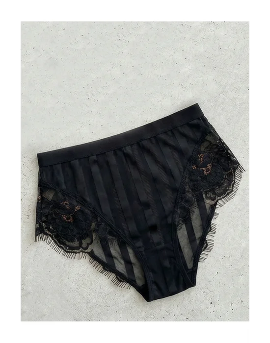 Siyah Floral Dantelli ve Yüksek Bel Şeritli String | Noir Elegance Koleksiyonu