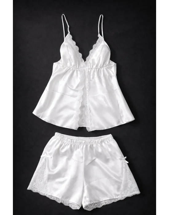 Siyah V Yaka Saten Şortlu Takım | Noir Minimalist Loungewear