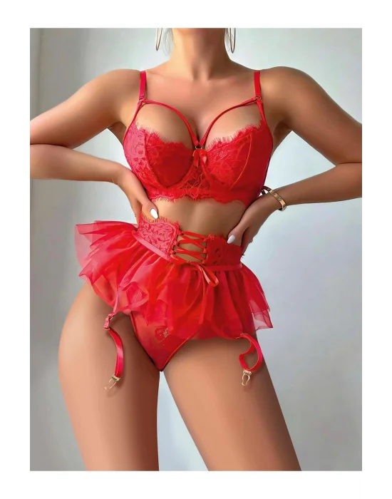 Kırmızı Tül Etekli Fantazi Jartiyer Fantezi Takım
