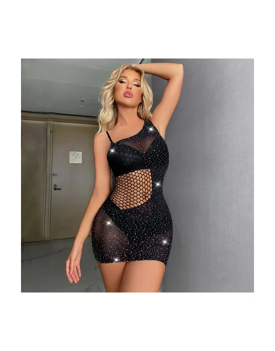 Siyah Yanları Fileli Taş Detaylı Fantezi Elbise | Işıltılı ve Lüks Silüet